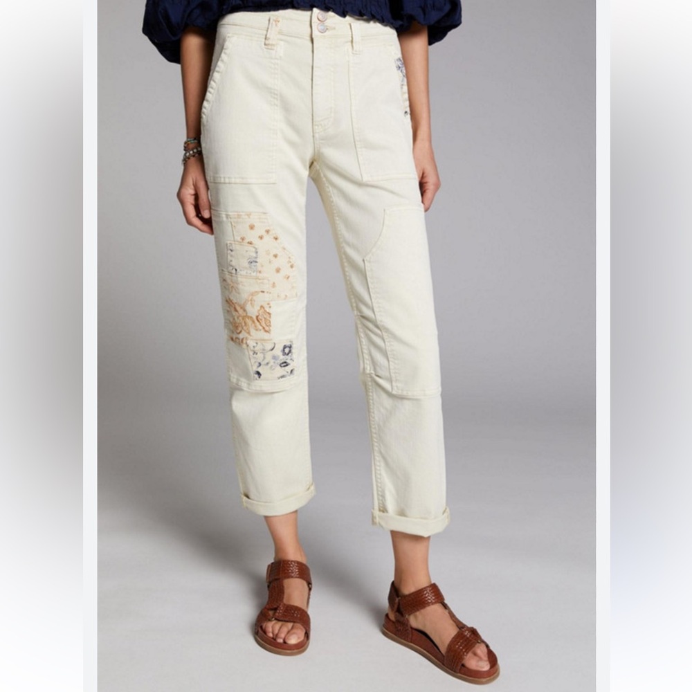 Pilcro Cream Embroidered Patchwork Cropped Pants